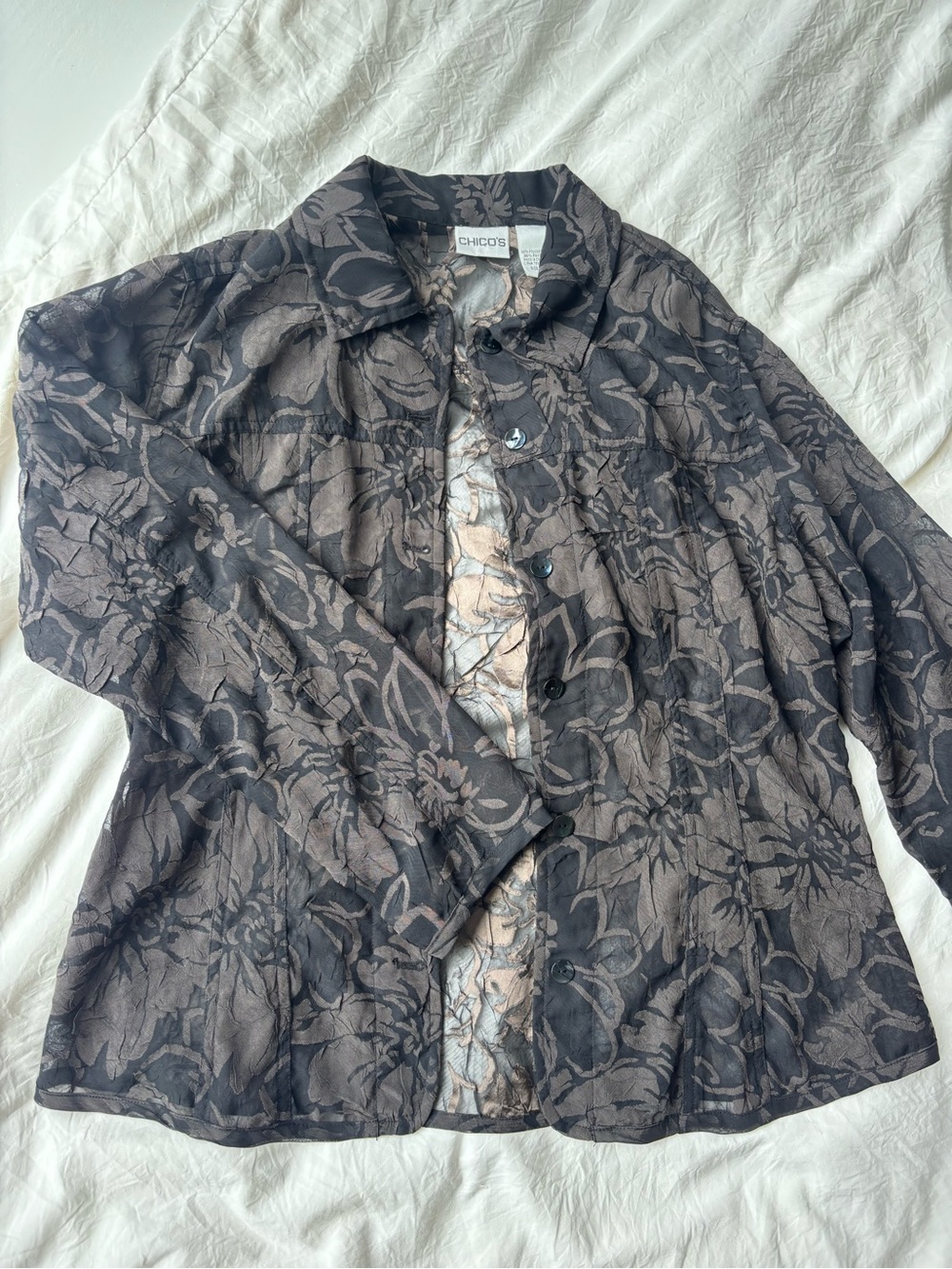 Chico's Black Floral Sheer Button-Down Shirt Jacket